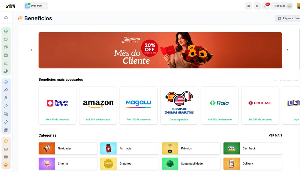 Grade de parceiros do Clube de Benefícios: farmácia, mercado e posto