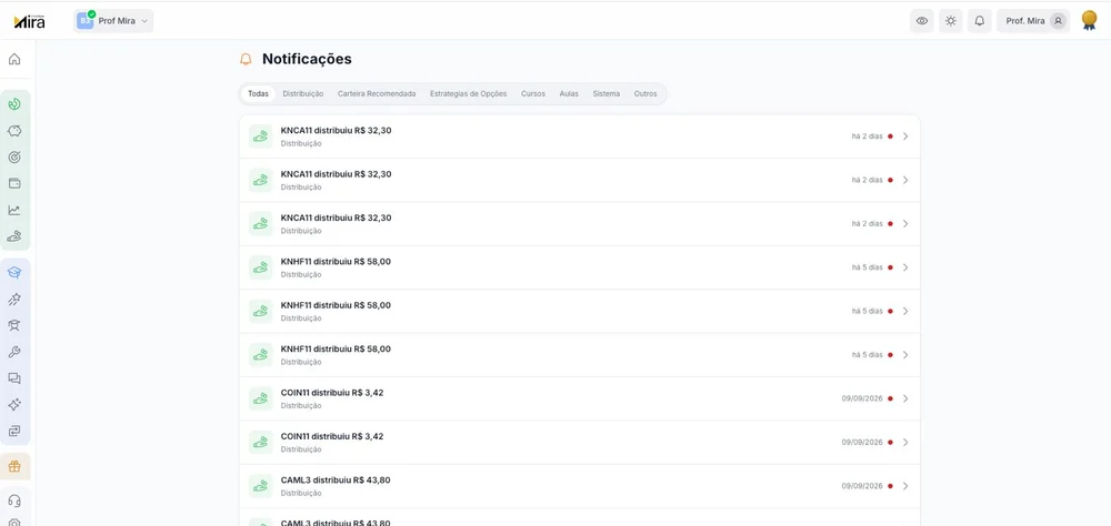 Timeline da Central de Comunicados com filtro por ticker