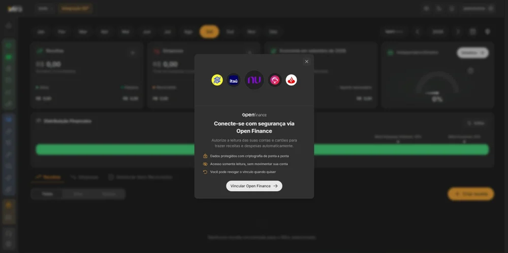 Conexão das contas do banco via Open Finance, com acesso somente leitura e vínculo revogável